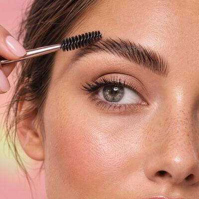lady face with brows sculpted and spoolie brush in hand